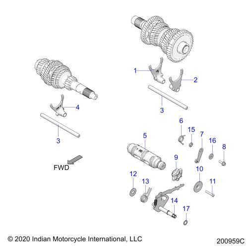 DRIVE TRAIN, SHIFT FORKS AND DRUM